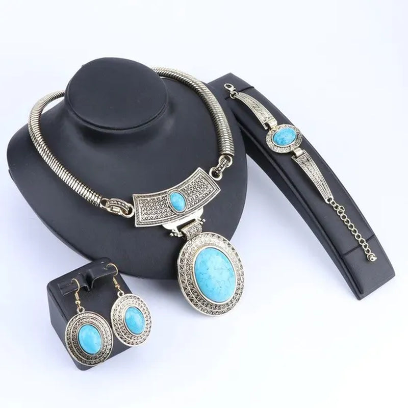 Vintage Dubai Retro Gold Big Turquoise Jewelry Sets Nigerian Wedding Costume Necklace Bracelet Earring Party gift