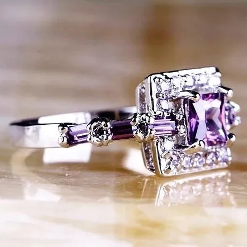 Elegant Noble Princess Fashion 925 Sterling Silver Amethyst & White Topaz Ring Charming Diamond Ring Romantic Bride Engagement Wedding Eternity Ring Anniversary Gift Birthday Party Jewelry Size 5-11