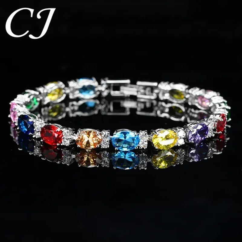 CANDICE Top Grade Blue Oval Women Silver Plated Jewelry Pave White Cubic Zirconia Noble Tennis Bracelet Bangles with Extended Clasp