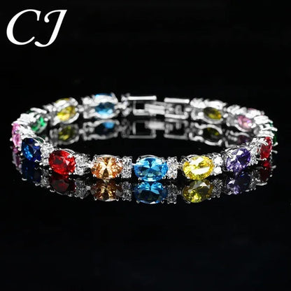 CANDICE Top Grade Blue Oval Women Silver Plated Jewelry Pave White Cubic Zirconia Noble Tennis Bracelet Bangles with Extended Clasp