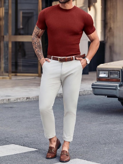 Mens Casual Slim Fit Basic Tops Short Sleeve Shirt Turtleneck T Shirts Rib Knitted Stretch Pullover Sweater