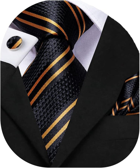 Mens Paisley Floral Silk Tie for Men Striped Necktie and Pocket Square Cufflinks Set Wedding Business