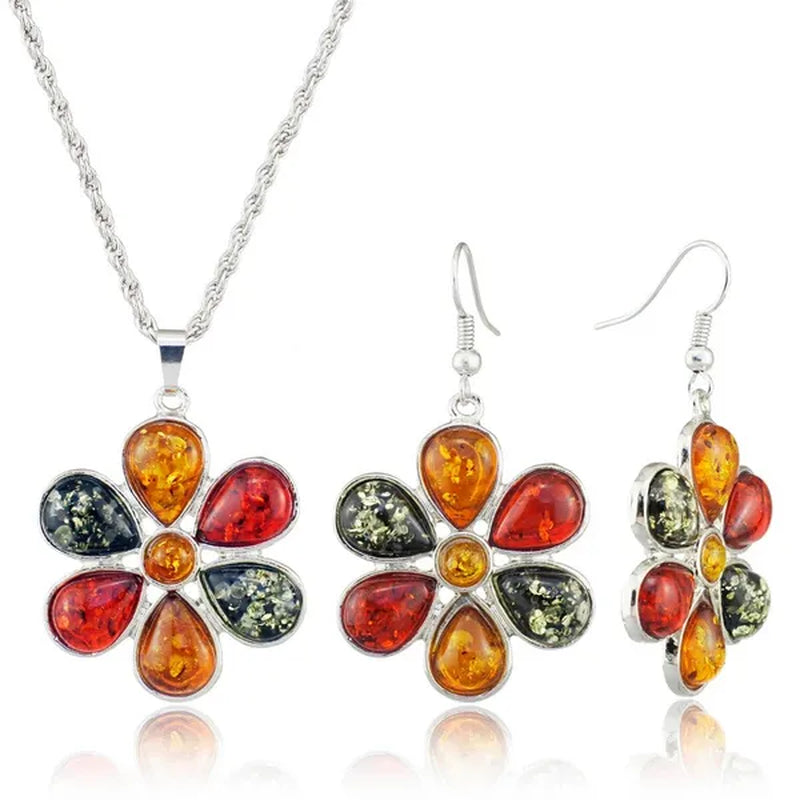 Colorful Baltic Amber Honey Flower Earrings 18k Platinum Plated Necklace Women's Wedding Jewelry Set