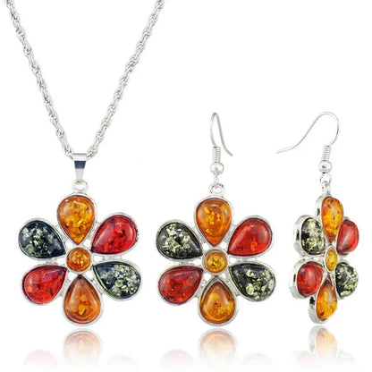 Colorful Baltic Amber Honey Flower Earrings 18k Platinum Plated Necklace Women's Wedding Jewelry Set