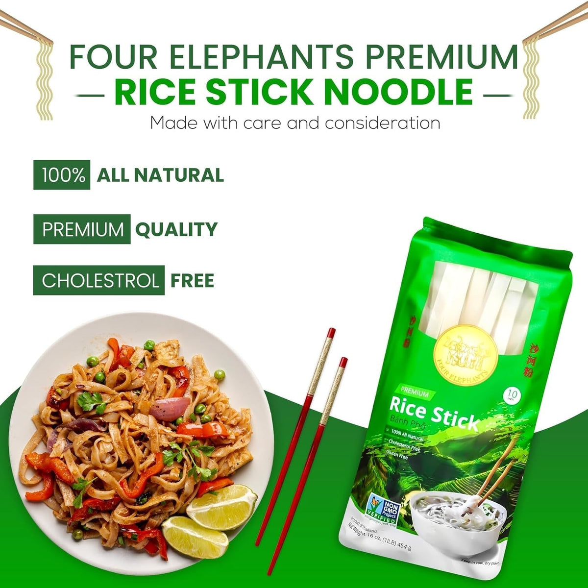 10MM Rice Stick Noodles (Authentic) | Pack of 3 | 1LB 454G per Pack | Use for Pad Thai & Pho | DIY Cooking Instructions Included |  Brand