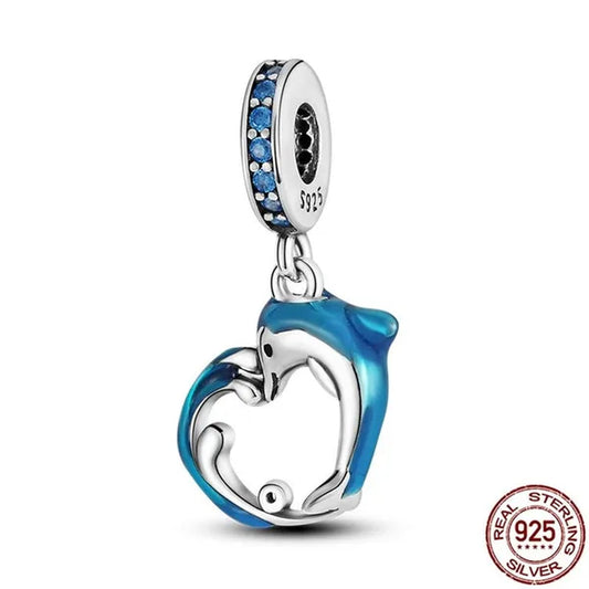 925 Sterling Silver Blue Dolphin Pendant Charm Fit Original Bracelet Making Fashion DIY Jewelry