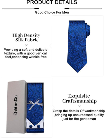 Paisley Ties for Men Silk Necktie and Pocket Square Cufflinks Tie Clip Set Woven Classic Mens Tie for Wedding Party