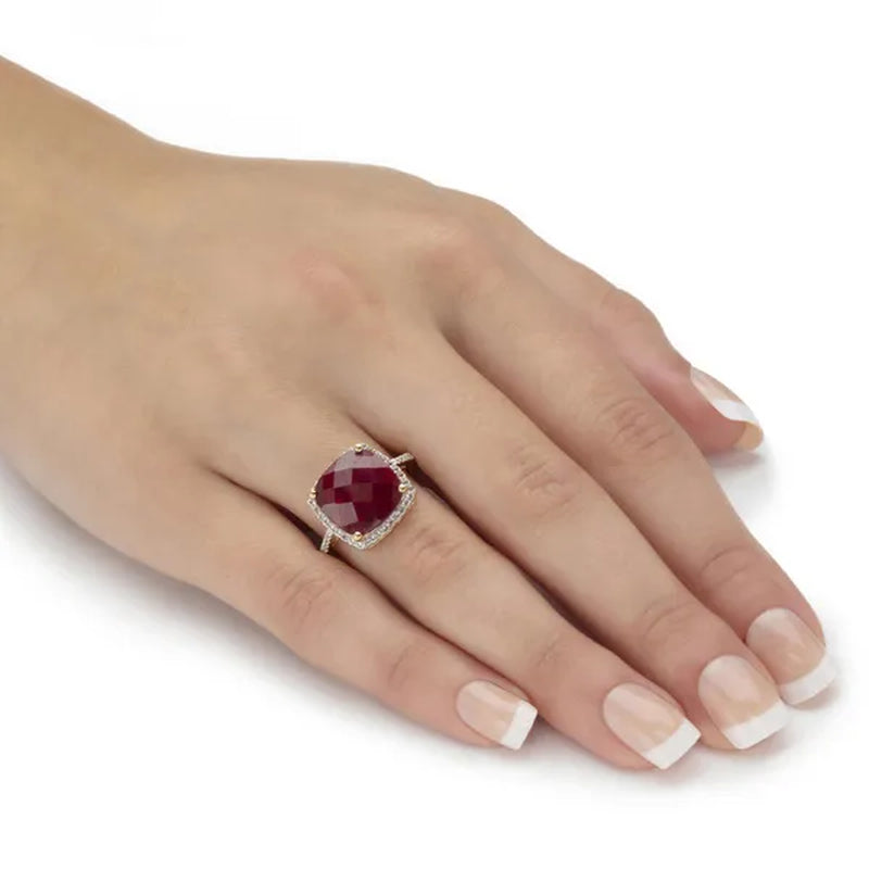 Cushion-Cut Genuine Red Ruby and White Topaz Cocktail Ring 4.25 TCW Gold-Plated or Sterling Silver
