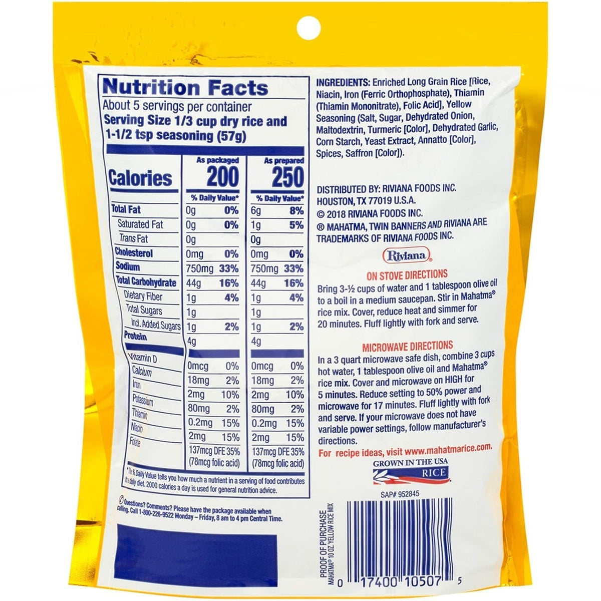 Yellow Seasonings & Long Grain Rice, Gluten-Free, Non-Gmo, Vegan, 10 Oz Bag