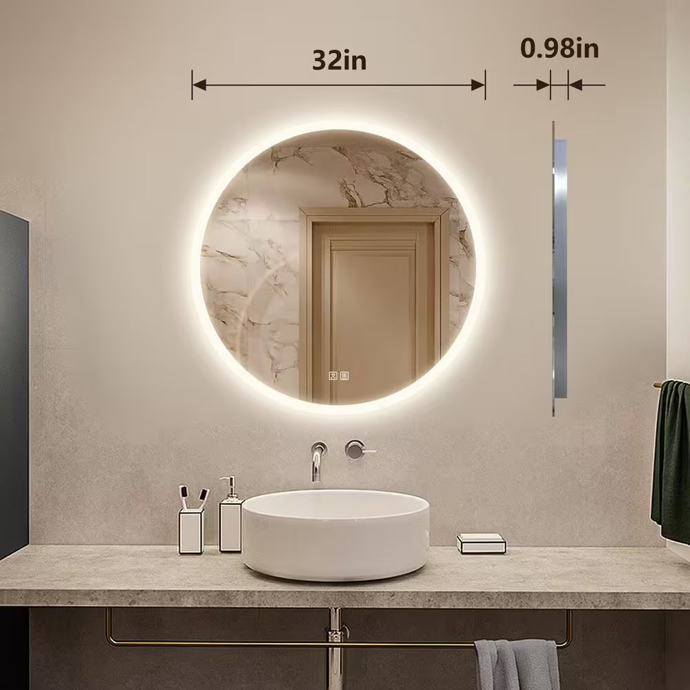 32 In. W X 32 In. H round Frameless LED Light with 3-Color and Anti-Fog Wall Mounted Bathroom Vanity Mirror