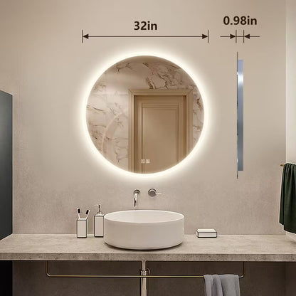 32 In. W X 32 In. H round Frameless LED Light with 3-Color and Anti-Fog Wall Mounted Bathroom Vanity Mirror