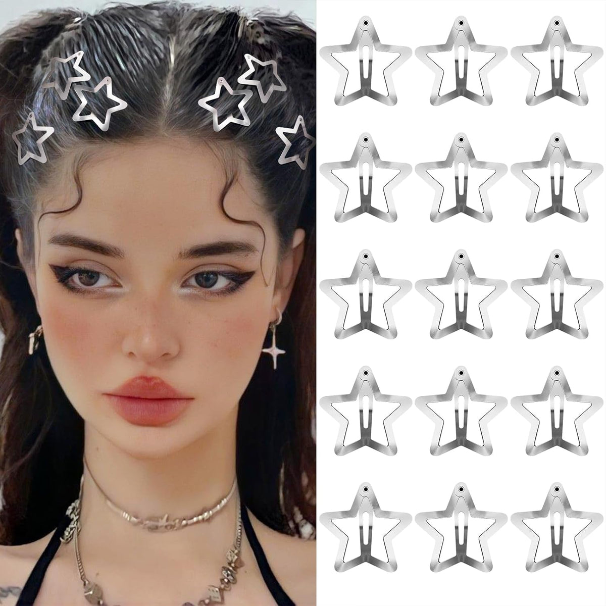 Star Hair Clips 2000S Y2K Snap Hair Barrettes Non Slip Star Hair Accessories Silver Metal Hair Clips for Girls Women -15 PCS 1.57"