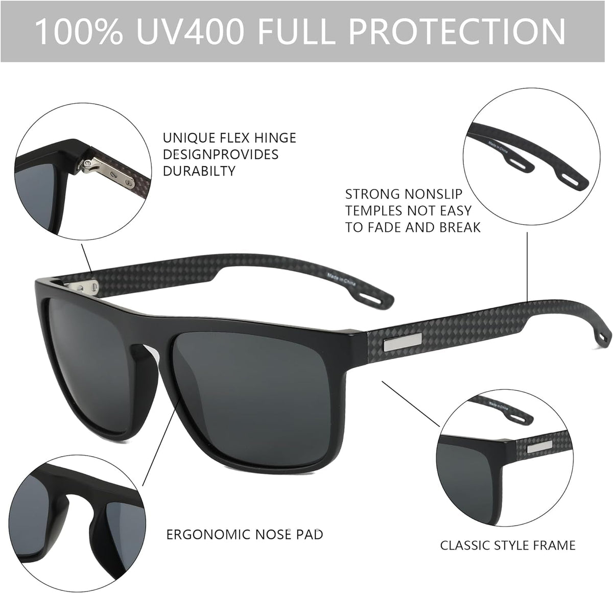 Polarized Sunglasses Men - Square Durable TR90 Lightweight Frame Carbon Fiber UV400 Protection Mens Sunglasses