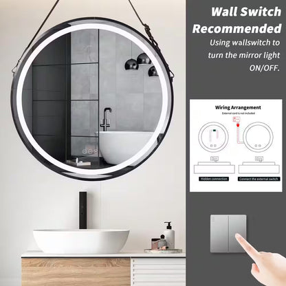 24 In. W X 24 In. H round Aluminum Framed Antifog 3-Color Dimmable LED Lighted Wall Hanging Bathroom Vanity Mirror Black