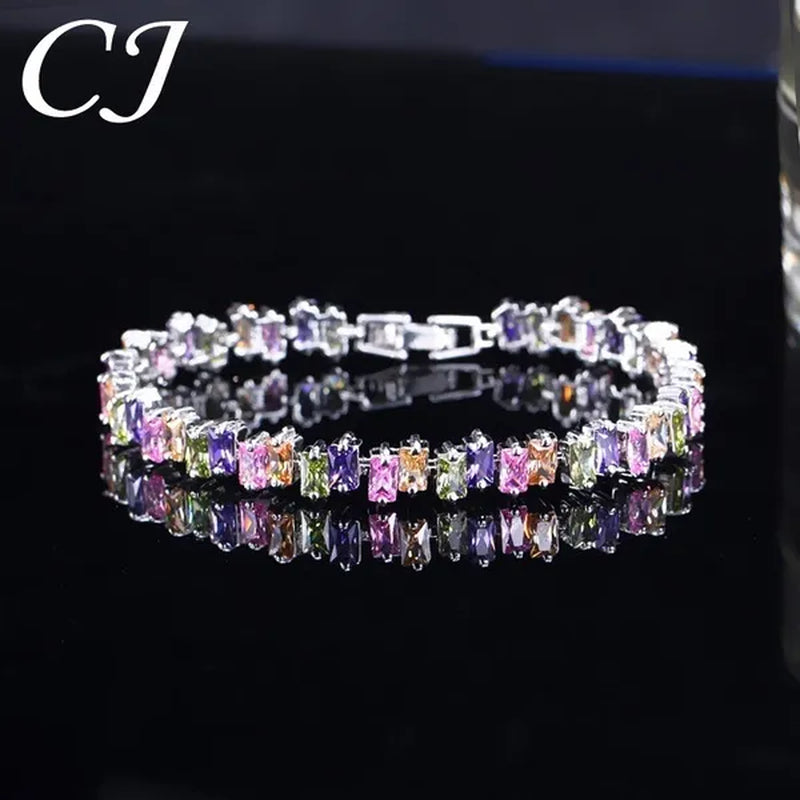 CANDICE High Quality Silver Plating Clear Rectangle CZ Setting Exquisite Women Dinner Party Green Tennis Bracelet Jewelry with Extended Clasp