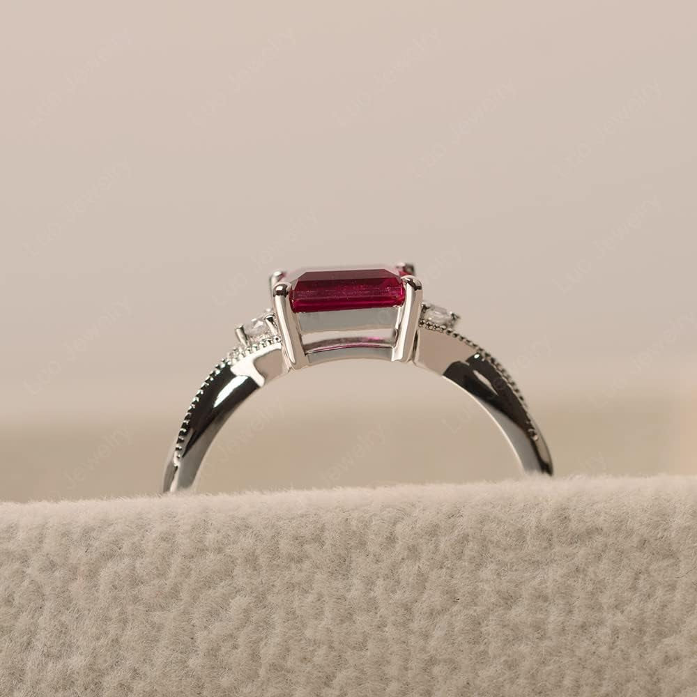 LUO 925 Sterling Silver Emerald Cut 7X5 MM Gemstone Ring East West Dainty Promise Ring for Women