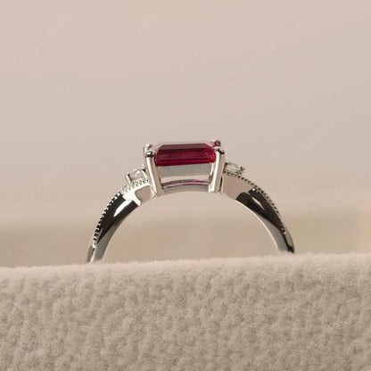 LUO 925 Sterling Silver Emerald Cut 7X5 MM Gemstone Ring East West Dainty Promise Ring for Women