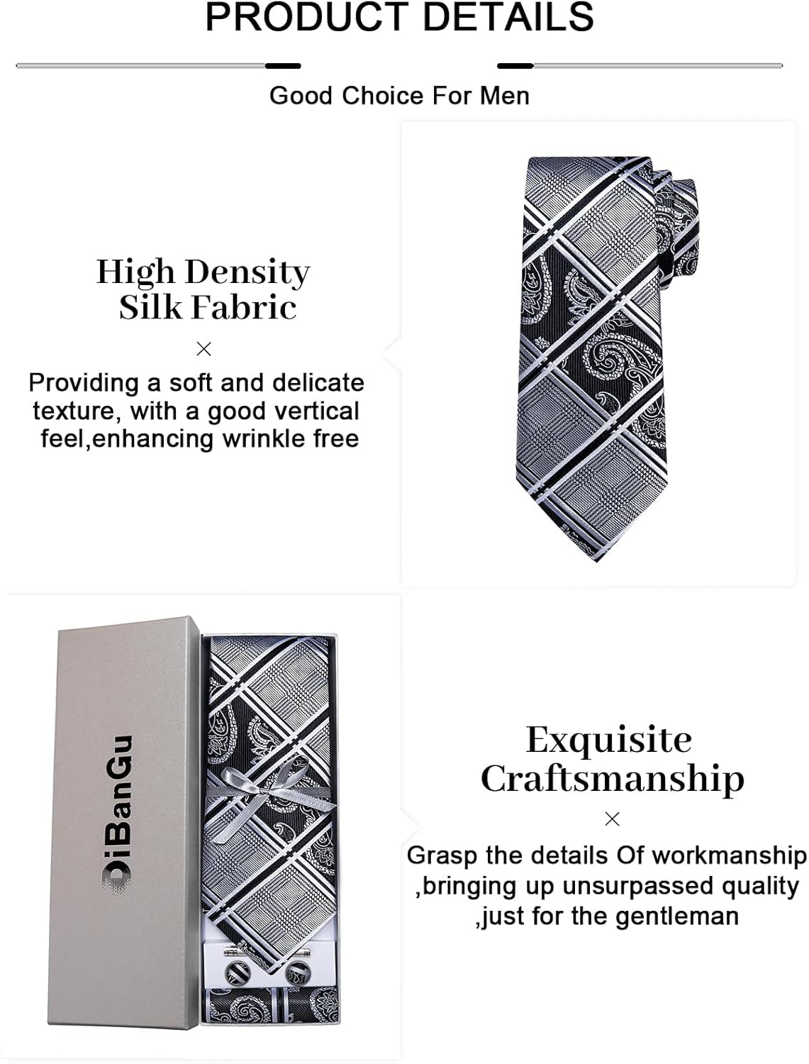Plaid Ties for Men Silk Checkered Necktie and Pocket Square Cufflinks Tie Clip Set with Gift Box for Wedding Business