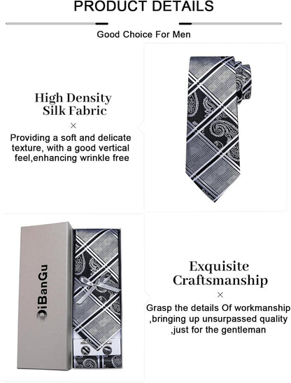Plaid Ties for Men Silk Checkered Necktie and Pocket Square Cufflinks Tie Clip Set with Gift Box for Wedding Business