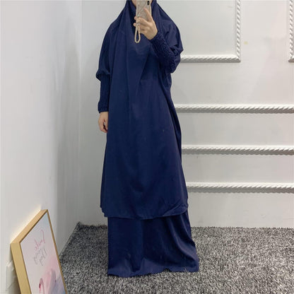 Women Muslim 2 Set Solid Color plus Long Sleeve Thobe One-Size Longuette Overall Abaya Thobe with Hoodied Hijab