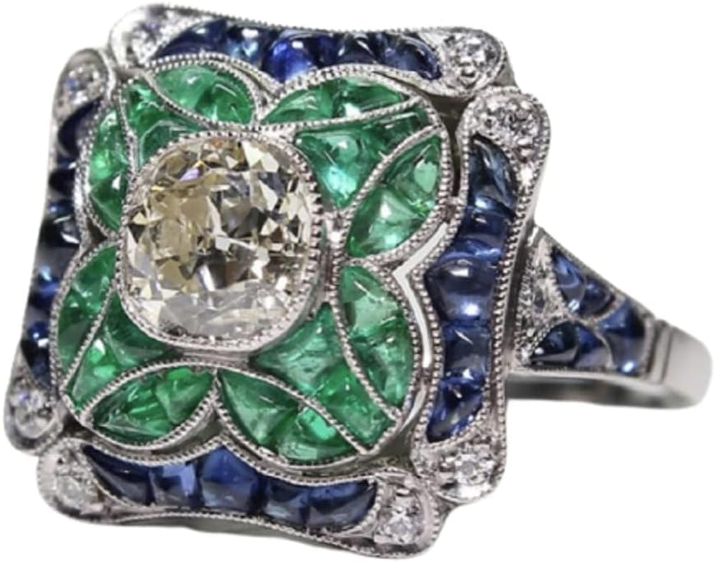 925 Sterling Silver Vintage Emerald Ring Blue Sapphire White Topaz Ring Women Wedding Fashion Jewelry Size 6-10