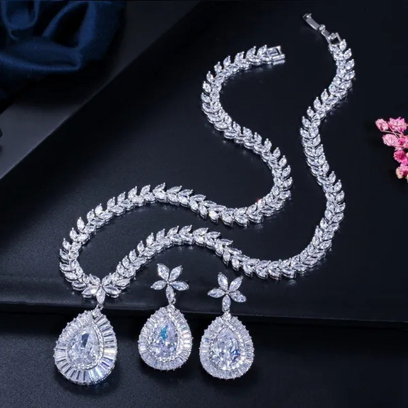CANDICE Luxury Bridal Red CZ Stone Costume Jewelry Sets Pear Drop Red Zirconia Party Necklace Earrings Set For Women Wedding