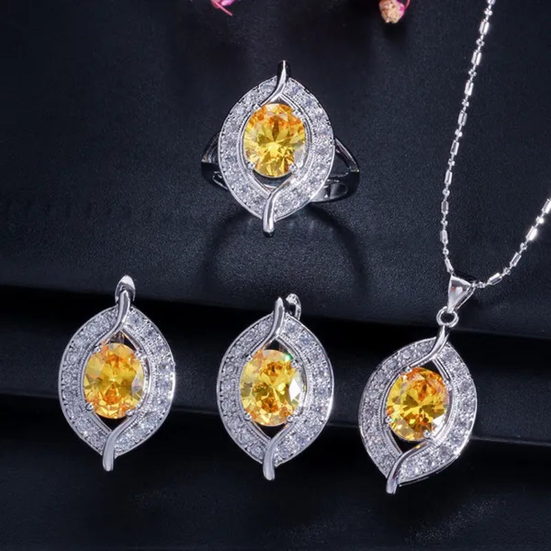 Gloriya Designer Silver Plated Jewelry Sets Inlaid Oval Red CZ Teardrop Pendant Necklace Earrings and Ring Set for Lady Fashion