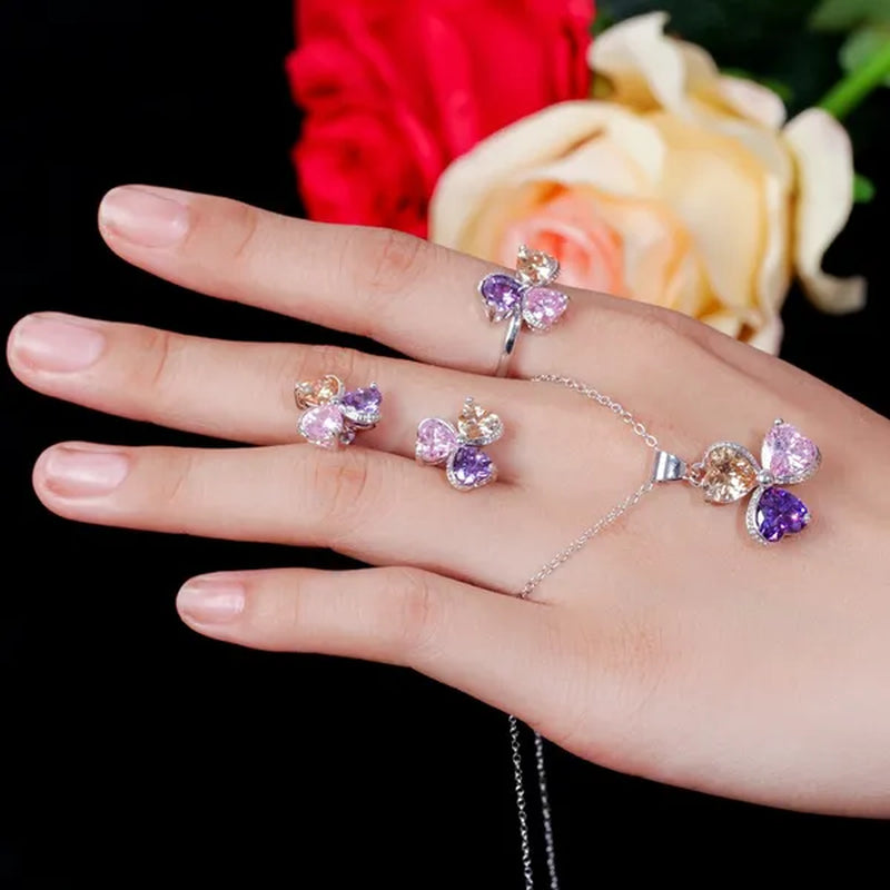CANDICE Sterling Silver Plated Heart Shape Jewelry Set Pave Austrian Purple Pink Champagne Crystal Drop Dangle Necklace Earrings Ring Sets for Women Girls