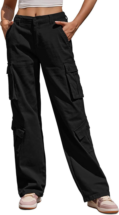 Women Pants High Waisted Cargo Pants Combat Military Wide Leg Casual Trousers 8 Pockets