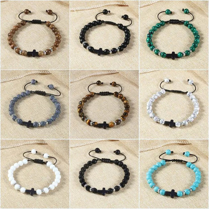 Handmade Natural Stone Wooden Beaded Bracelet Christian Jesus Cross Braided Bracelets Men Women Prayer Yoga Jewelry Gift