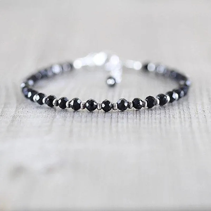 Black Spinel, Sterling & Karen Hill Tribe Silver Bracelet Boho Beaded Gemstone Bracelet Dainty Stacking Bracelet