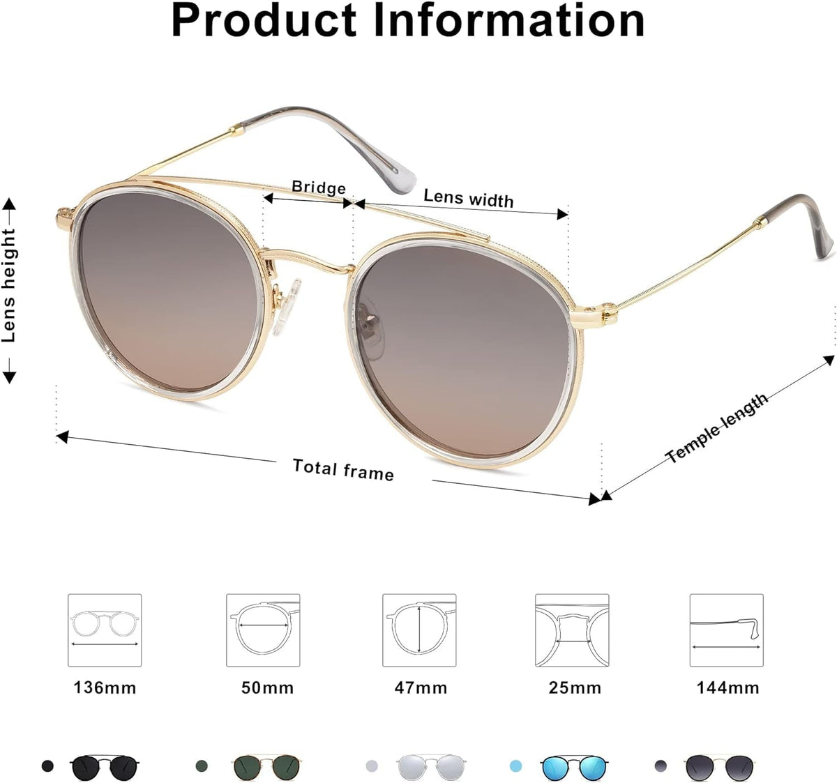 Retro Round Double Bridge Polarized Sunglasses for Women Men Vintage Circle UV400 Sunnies SJ1104
