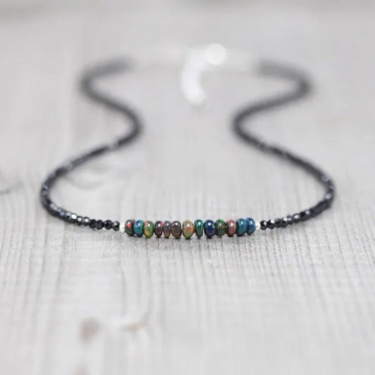 Ethiopian Welo Opal & Black Spinel Necklace. Sterling Silver, Rose, Gold Filled. Dainty Gemstone Choker.