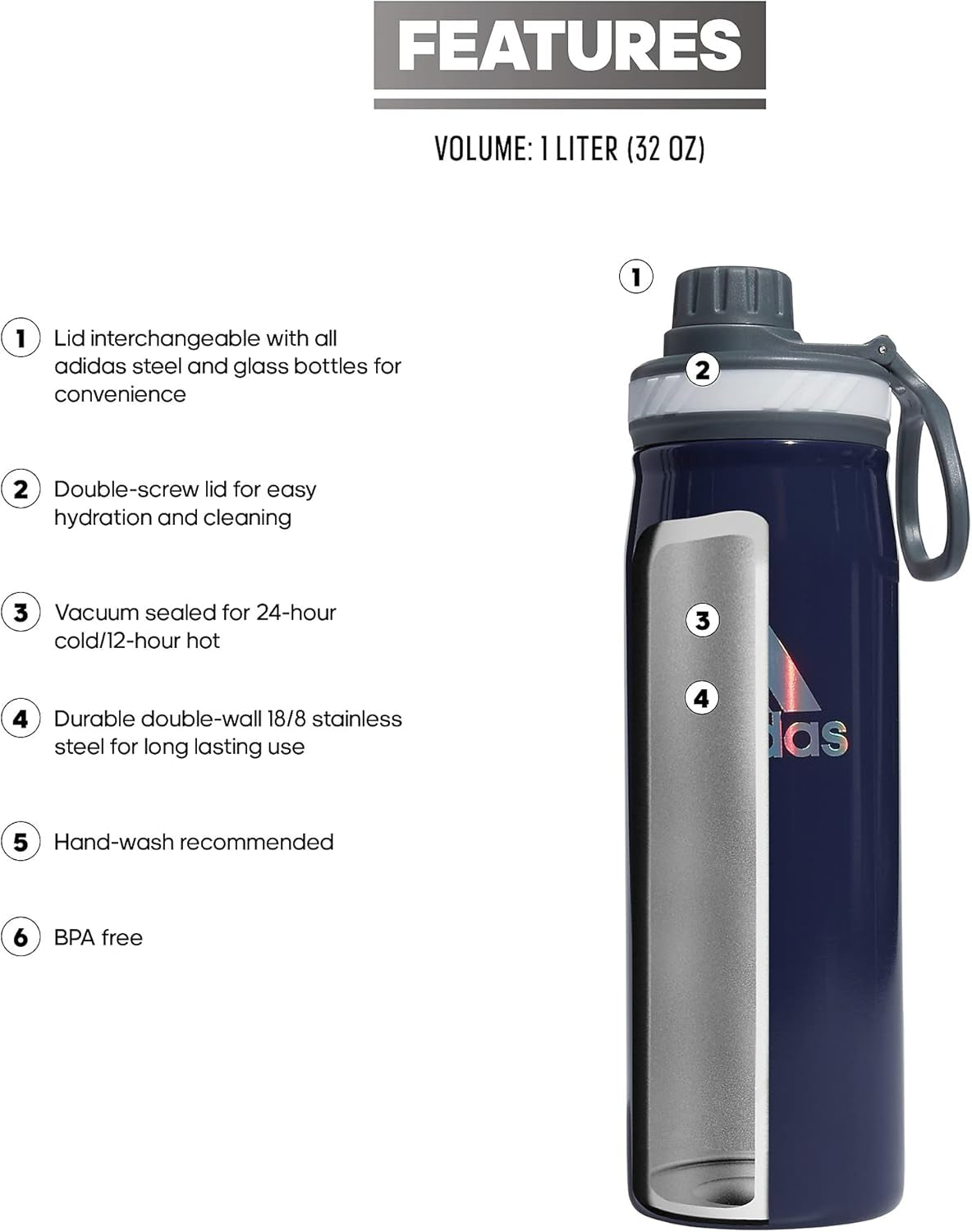 600 ML (20 Oz) Metal Water Bottle, Hot/Cold Double-Walled Insulated 18/8 Stainless Steel, Shadow Navy/Onix Grey/Silver Reflective, One Size