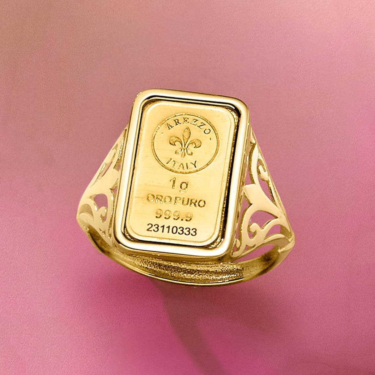 Italian 24Kt Yellow Gold Fleur-De-Lis 1-Gram Ingot Ring with 14Kt Yellow Gold Band. Size 5