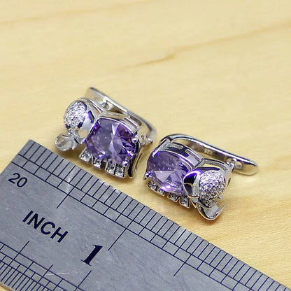 Elephant Shaped Purple Amethyst White Topaz 925 Sterling Silver Jewelry Sets Women Earrings/Pendant/Necklace/Rings