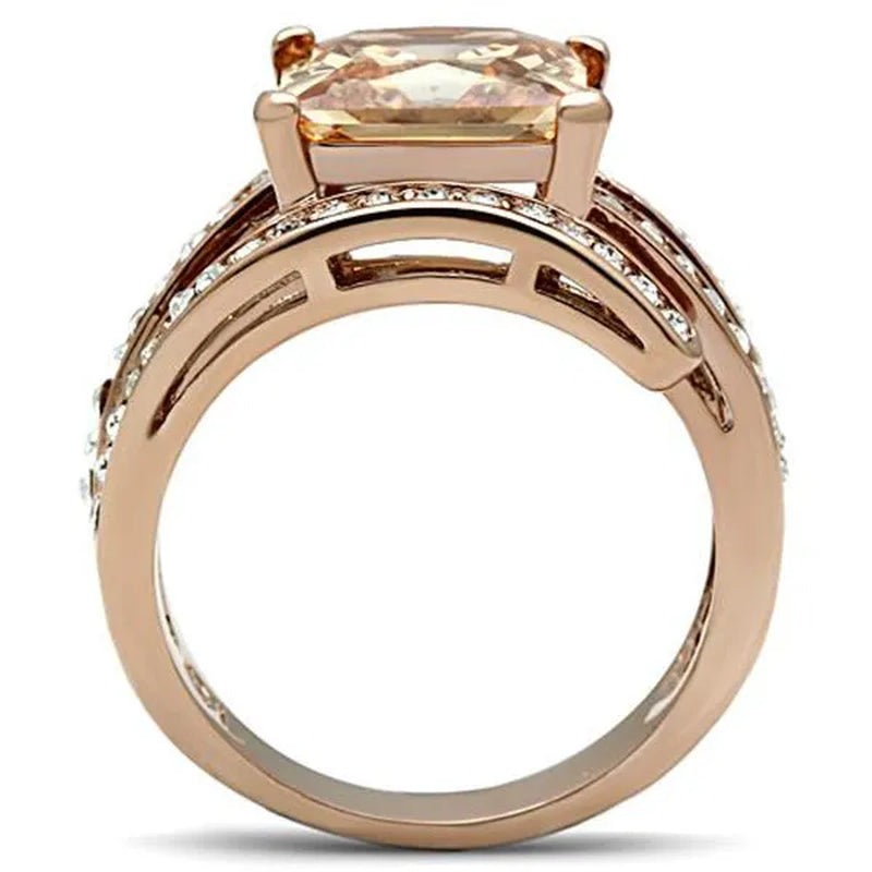 Women's Stainless Steel 316 Rose Gold Princess Cut Champagne or Gray & Amethyst Zirconia Cocktail Ring Size 5-10