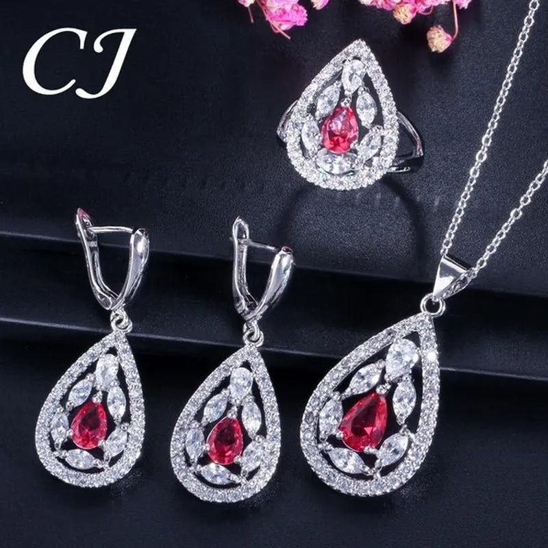 CANDICE Women's Sterling Silver Plated Jewelry Set Summer New Fashion Blue Zircon Necklace Pendant Earrings Ring（US 7-9)