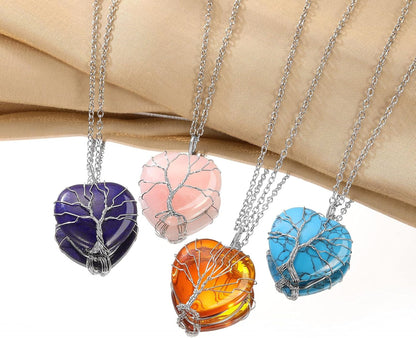 Tree of Life Wrapped Healing Crystal Necklaces 12 Month Birthstone Pendant for Women, Crescent/Heart Gemstone Jewelry, Vintage Birthday Gifts/Energy Gift