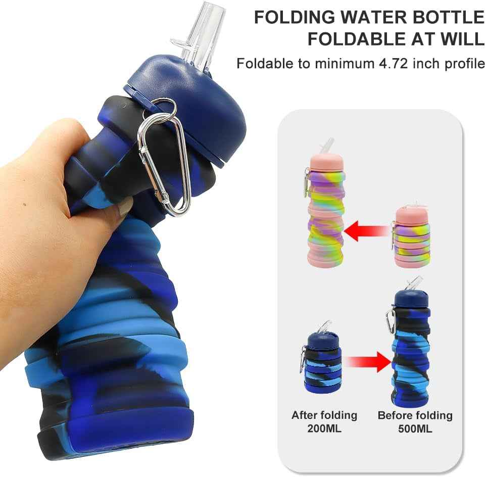 2Pack Silicone Collapsible Water Bottles, Leakproof 16Oz Portable Foldable Expandable Water Bottle Sports Cups with Straw,Bpa Free, for Outdoor Gym Travel(Blue+Rose Red)
