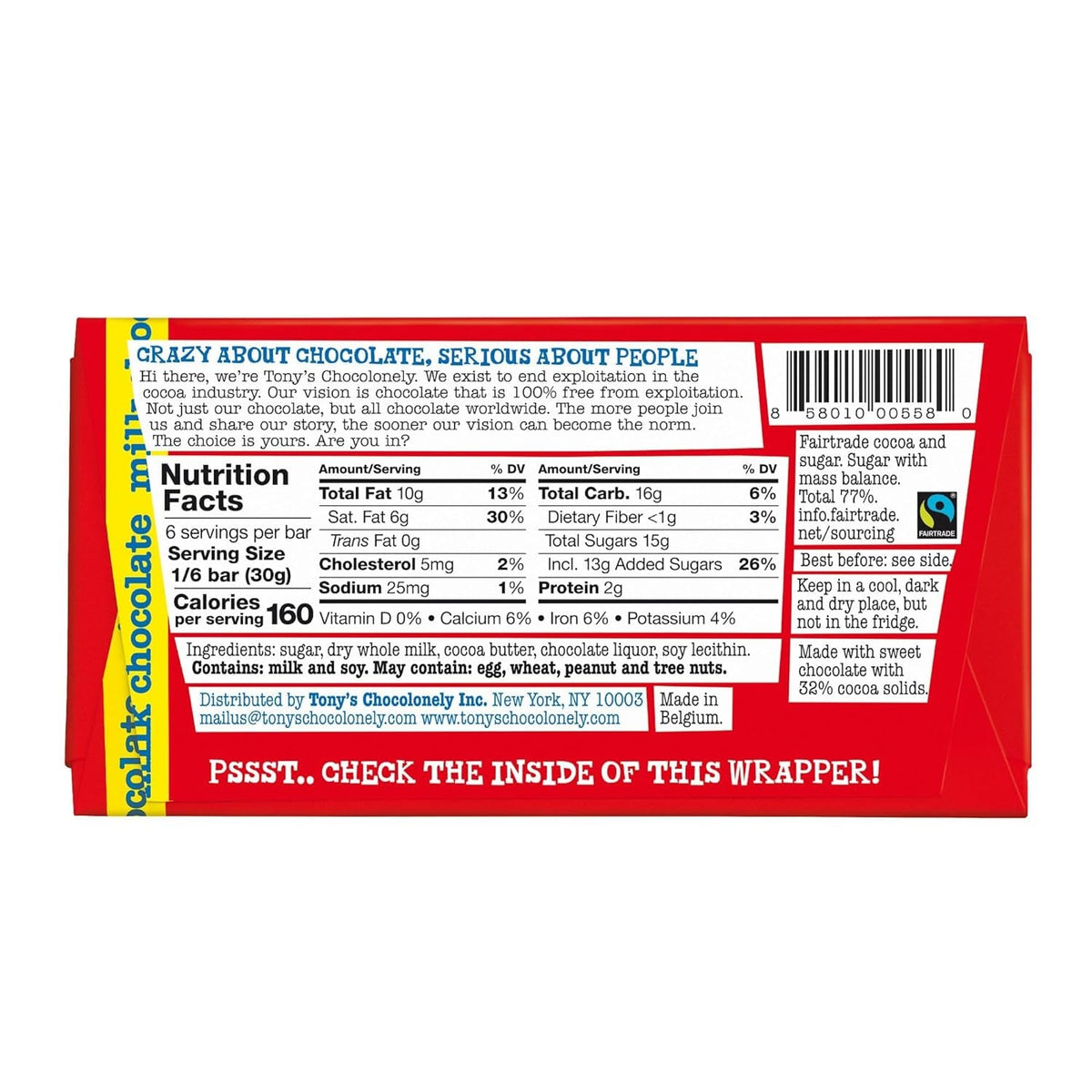 32% Milk Chocolate Bar - Belgium Chocolate, No Artificial Flavoring, Fairtrade & B Corp Certified - 6.35 Oz