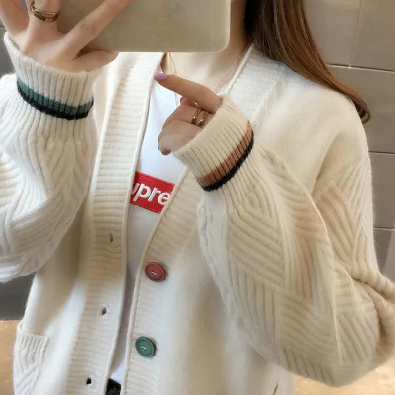 New Fashion Pull Femme Autumn and Winter Wool Pure Cashmere Sweater Cardigan Pullovers Long Sleeve Women Striped Stitching Color Knitted Cardigans Pullover Damen Jumper Outwear Coat