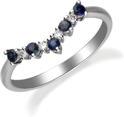 10K White Genuine Blue Sapphire Ring with Diamonds for Women | Ethically, Authentically & Organically Sourced (Round-Cut) Shaped Sapphire Hand-Crafted Jewelry for Her | Sapphire Ring for Women