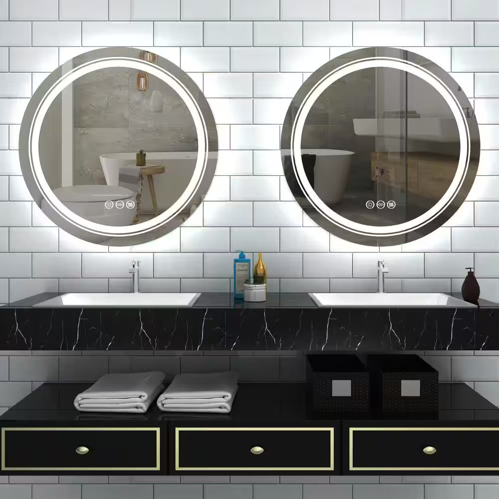 24 In. W X 24 In. H Large round Frameless Light Dimmable Backlit Dual Front LED Wall Bathroom Vanity Mirror Super Bright