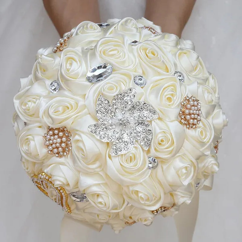20CM Simulation Silk Rose Wedding Bouquet Diamond Pearl Brooch Bridal Bouquets Romantic Bridesmaid Holding Flowers