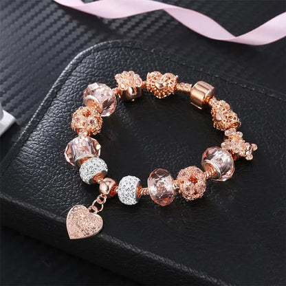 Rose Gold Heart-Shaped Charm Bracelets Fashion Jewelry Beaded Bracelet Birthday Christmas Gifts For Girl Women