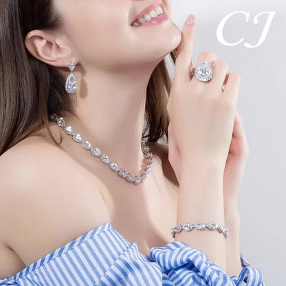 CANDICE Classic Zirconia Wedding Jewelry Sets For Bridal Luxury Teardrop CZ Stone White Gold Plated Party Chocker Necklace Earrings and Bracelet Set
