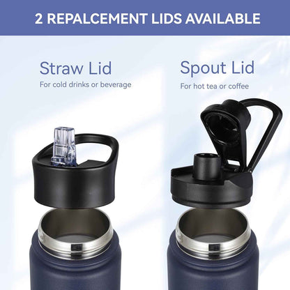 Insulated Water Bottle Kids 16 Oz Double Wall Vacuum Stainless Steel Water Bottle Leak Proof for School Wide Mouth with Straw Lid & Spout Lid Keeps Cold and Hot(Navy,1Pack)