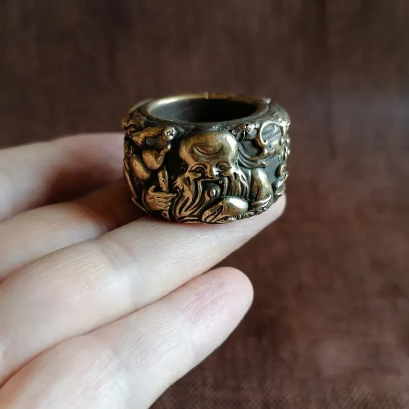 Solid brass Fu Lu Shou finger ornaments embossed retro inlaid ruby copper finger wenwan antiques