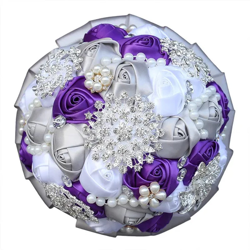20CM Mixed Color Silk Ribbon Rose Wedding Flower Bouquet Luxury Pearl Crystal Brooch Bridal Bouquet Handmade Creative Bridesmaid Holding Flowers